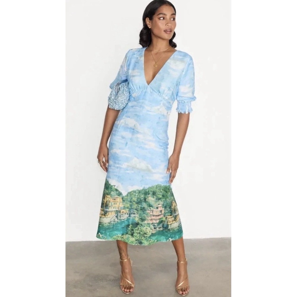 Anthropologie Scenery May Midi Dress Watercolor Landscape Blue US 26 Plus Size